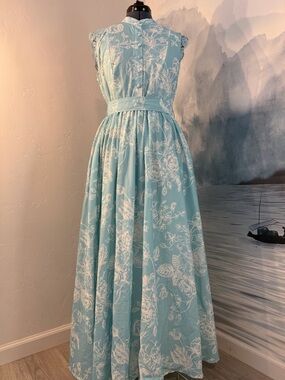 Sleeveless Light Blue Floral Maxi Dress with Belted Waist #164